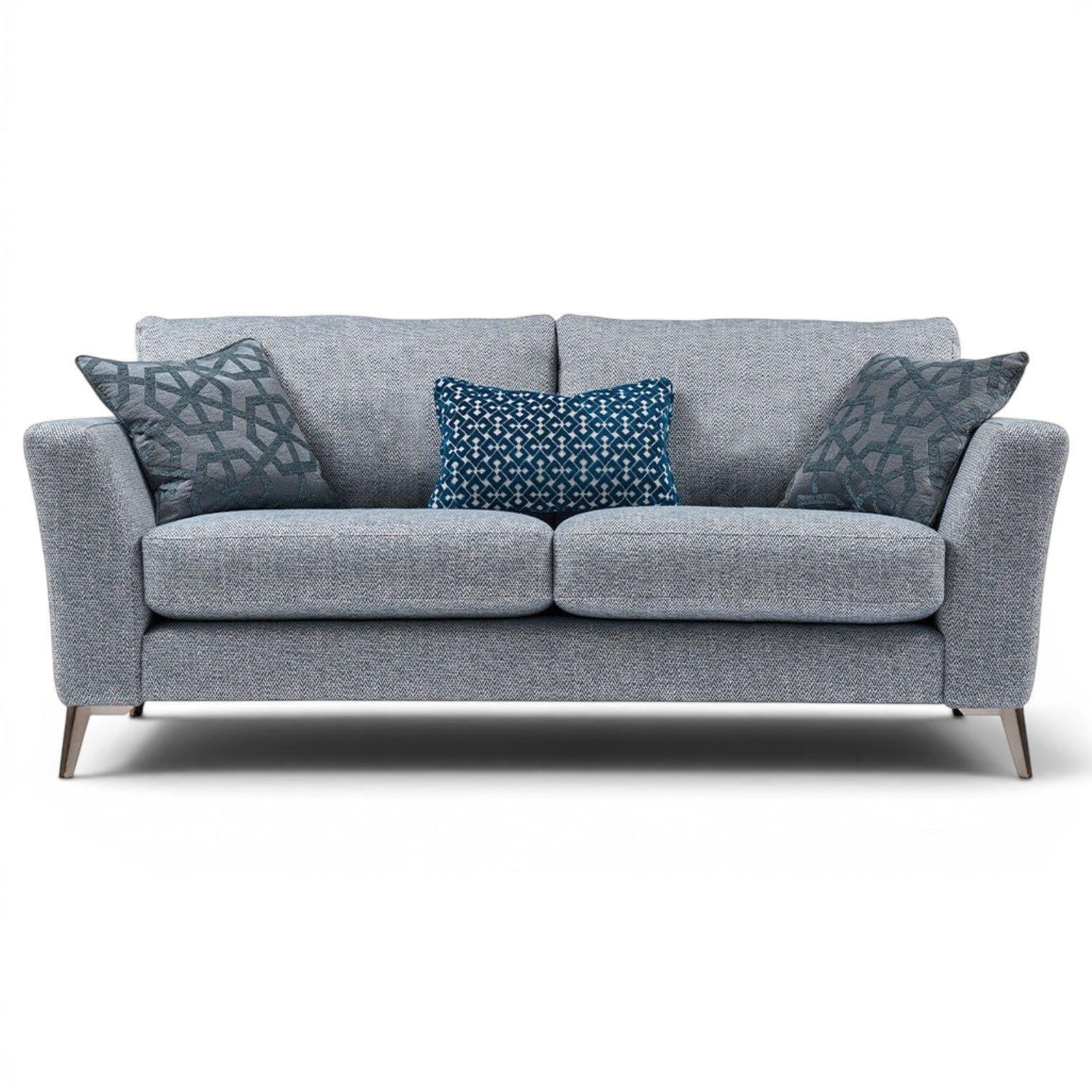 Pieces For Places Florence 2.5 Seater Sofa in grey textured fabric with reversible seat cushions and decorative blue scatter cushions.