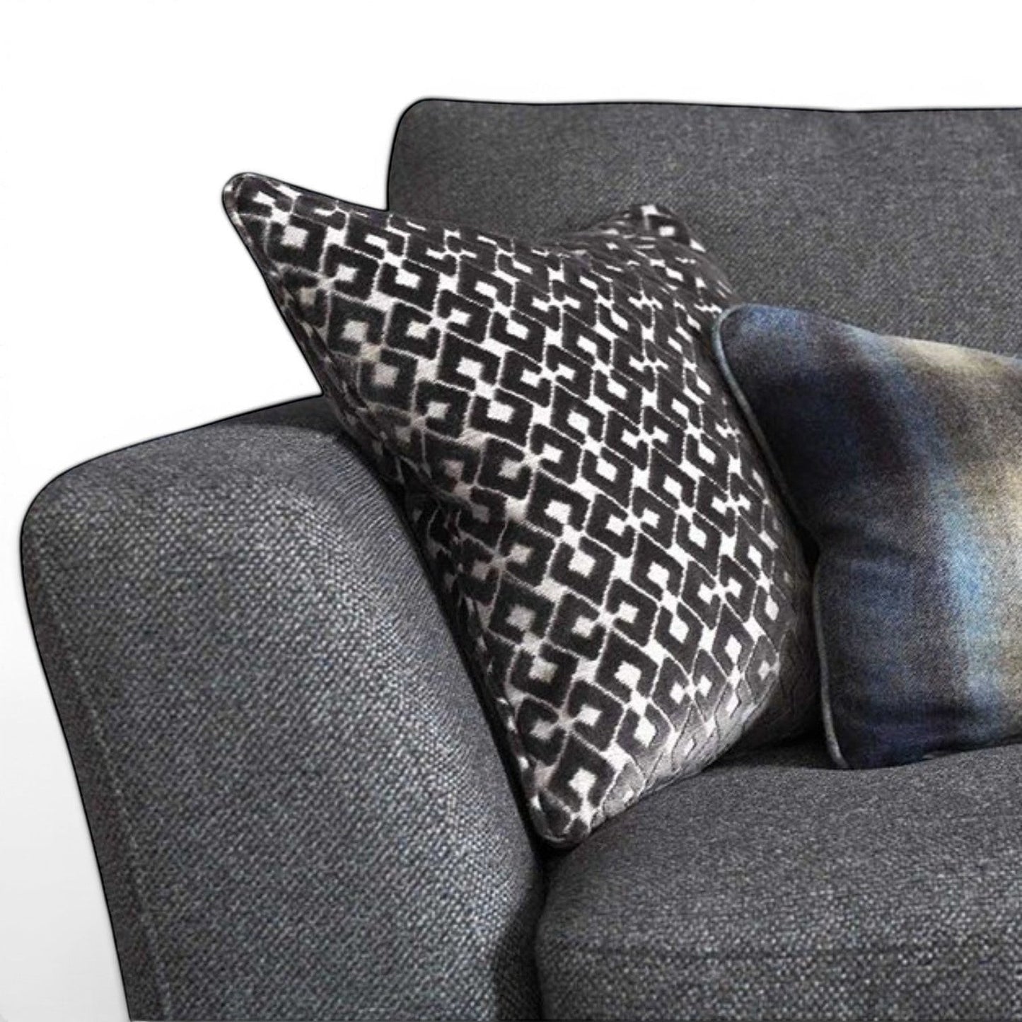 Pieces For Places Florence 3 Seater Sofa in dark grey textured fabric with geometric and abstract pattern scatter cushions.
