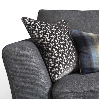 Pieces For Places Florence 3 Seater Sofa in dark grey textured fabric with geometric and abstract pattern scatter cushions.