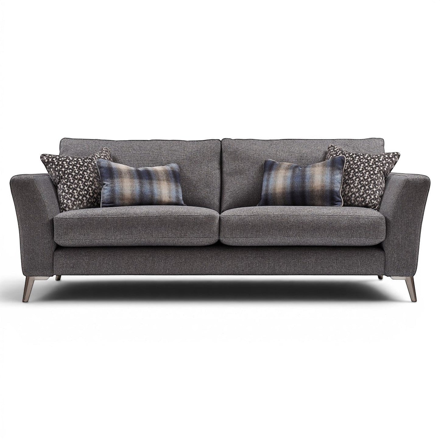Pieces For Places Florence 3 Seater Sofa in grey fabric with reversible seat cushions and patterned scatter cushions.