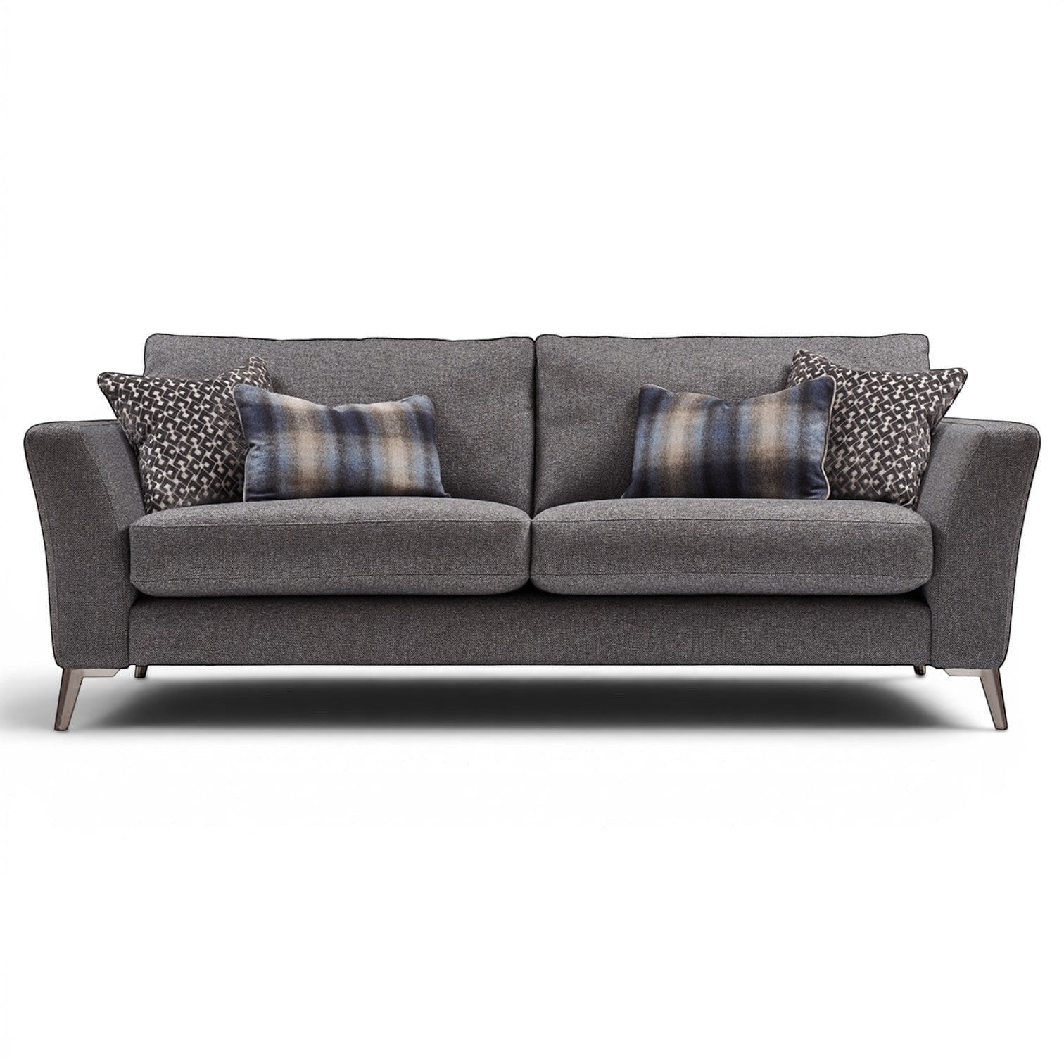 Pieces For Places Florence 3 Seater Sofa in grey fabric with reversible seat cushions and patterned scatter cushions.