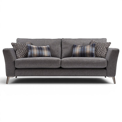 Pieces For Places Florence 3 Seater Sofa in grey fabric with reversible seat cushions and patterned scatter cushions.