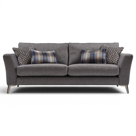 Pieces For Places Florence 3 Seater Sofa in grey fabric with reversible seat cushions and patterned scatter cushions.