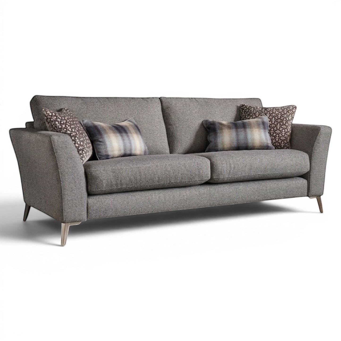 Pieces For Places Florence 3 Seater Sofa in grey textured fabric with reversible seat cushions and decorative scatter cushions.
