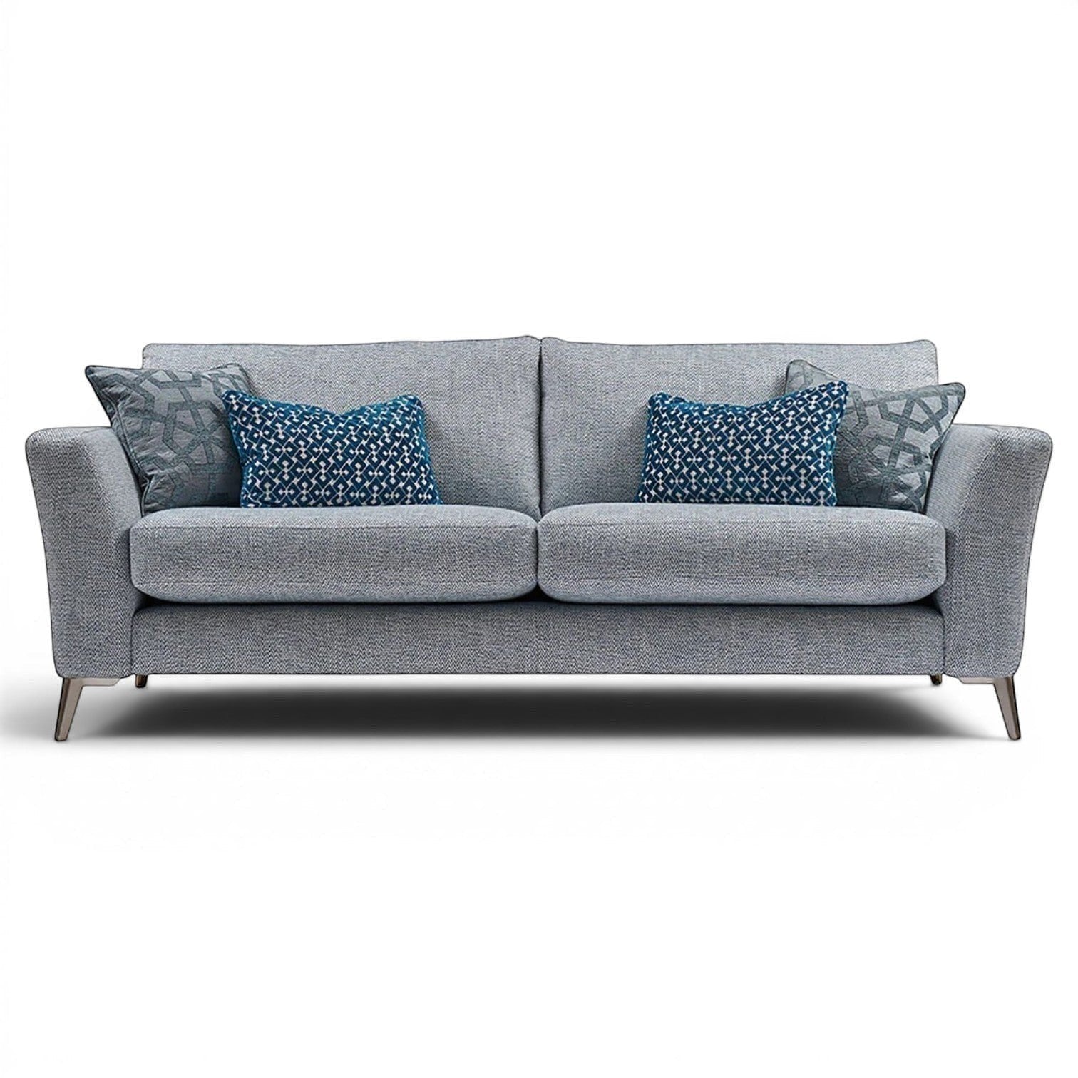 Pieces For Places Florence 3 Seater Sofa in grey fabric with reversible seat cushions and decorative blue scatter cushions.