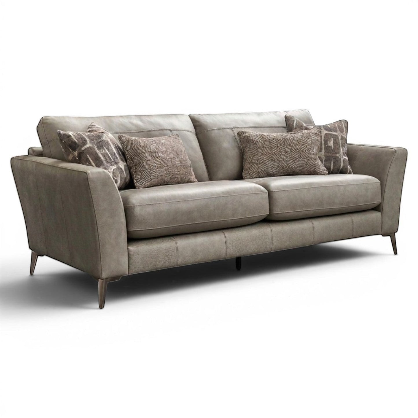 Pieces For Places Florence 3 Seater Sofa in grey leather with reversible seat cushions and patterned scatter cushions.