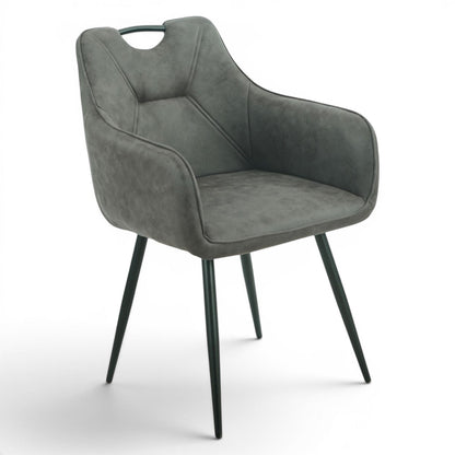Pieces For Places Monza grey vegan leather dining chair with metal handle and black steel legs.