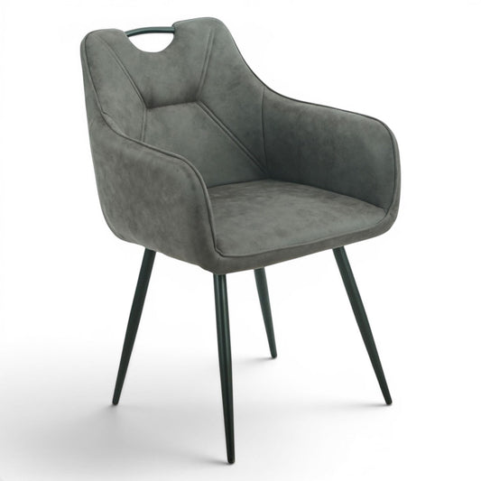 Pieces For Places Monza grey vegan leather dining chair with metal handle and black steel legs.