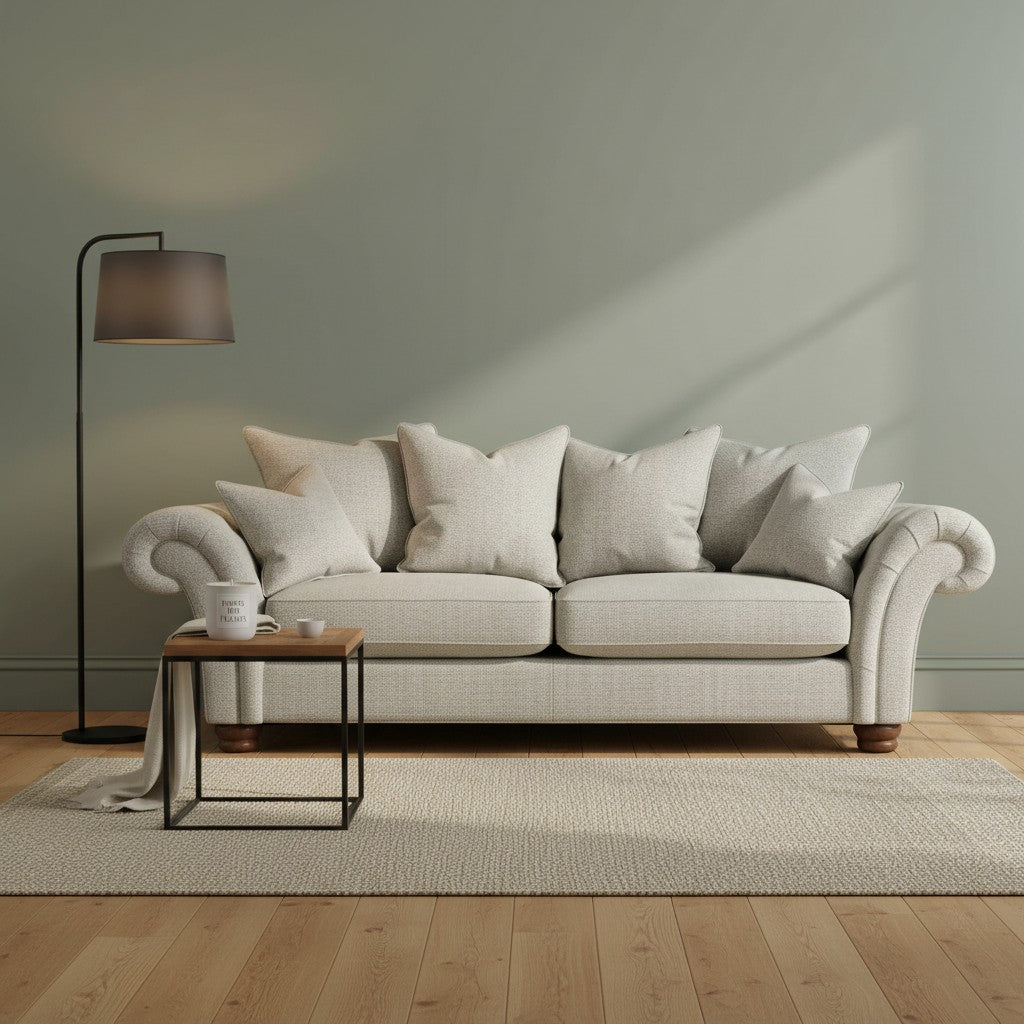 Pieces For Places Hampshire Large Pillow Back Sofa in light grey textured fabric with scroll arms and wooden feet. Includes scatter cushions.