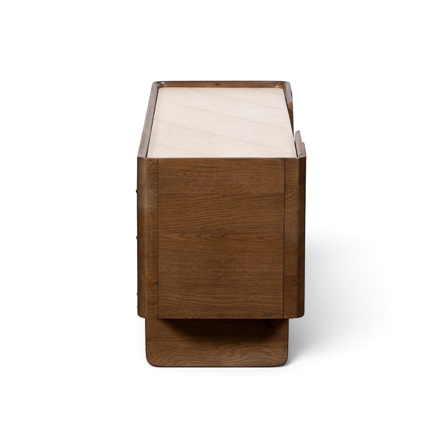 Pieces For Places Ida media unit side view showing walnut finish oak frame and travertine effect concrete top