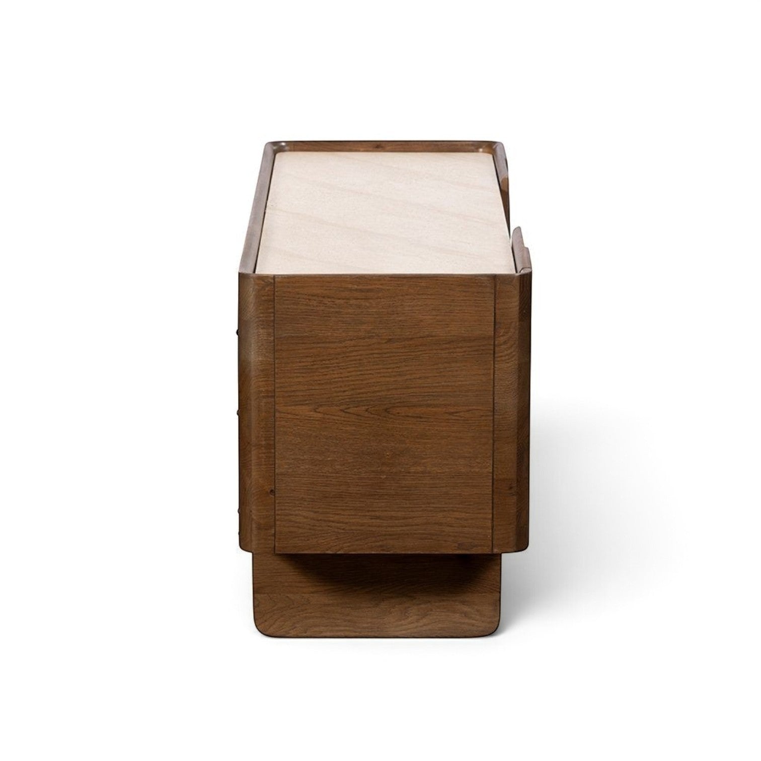 Pieces For Places Ida media unit side view showing walnut finish oak frame and travertine effect concrete top