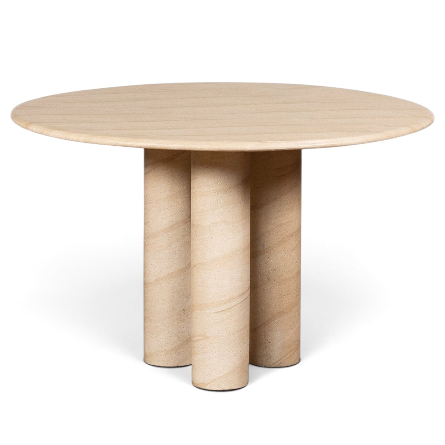 Pieces For Places Ida 120cm round dining table with a beige travertine finish and unique column leg design.