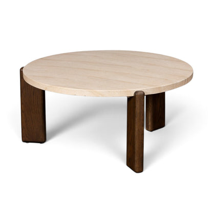 Pieces For Places Ida round coffee table with a travertine finish concrete top and solid oak legs