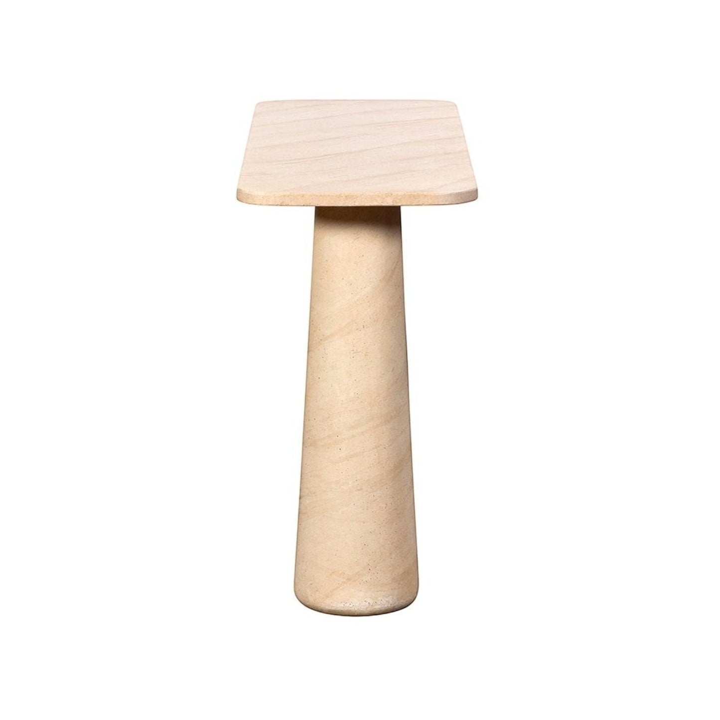 Pieces For Places Ida console table with a beige travertine finish, rectangular top, and tapered column leg.