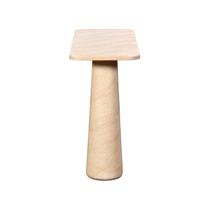 Pieces For Places Ida console table with a beige travertine finish, rectangular top, and tapered column leg.