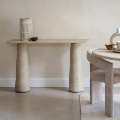 Pieces For Places Ida console table with a beige travertine finish, featuring a rectangular top and column legs.