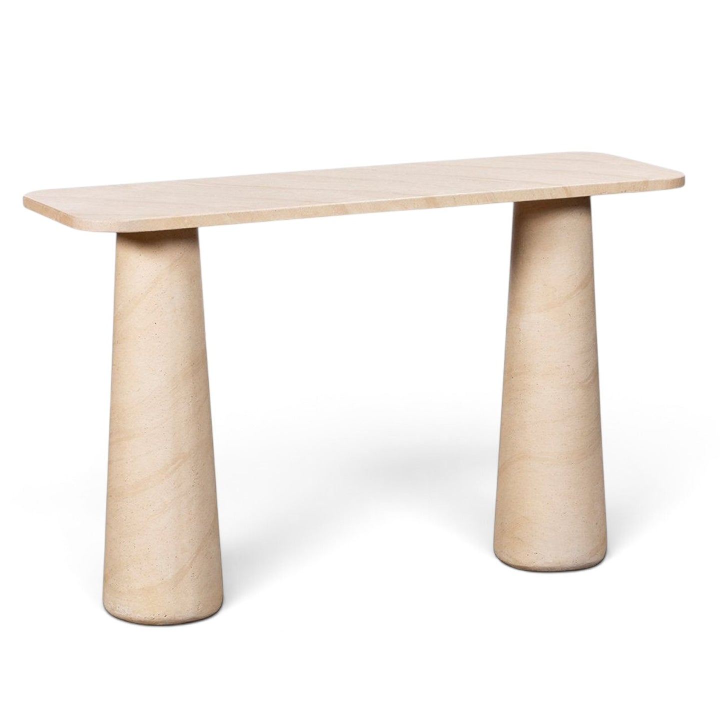 Pieces For Places Ida console table with a beige travertine finish, concrete top, and two sturdy column legs.