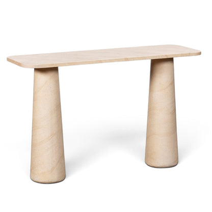 Pieces For Places Ida console table with a beige travertine finish, concrete top, and two sturdy column legs.