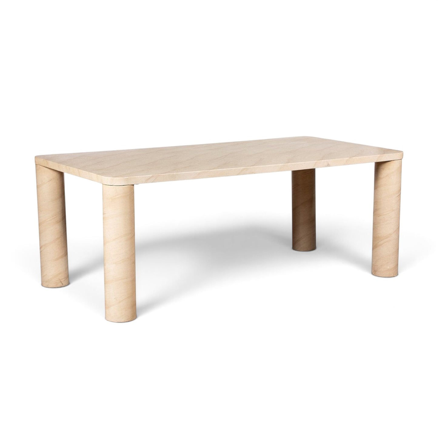 Pieces For Places Ida 150cm rectangular dining table with a concrete frame and travertine finish on column legs.