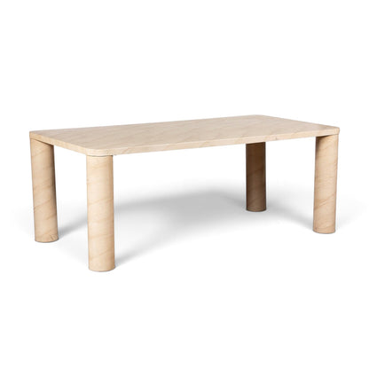 Pieces For Places Ida 150cm rectangular dining table with a concrete frame and travertine finish on column legs.