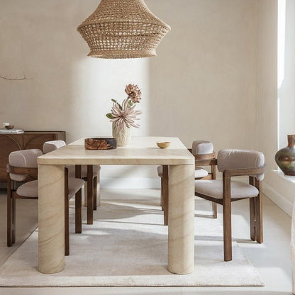 Pieces For Places Ida 150cm rectangular dining table with a concrete frame and travertine finish and column legs.