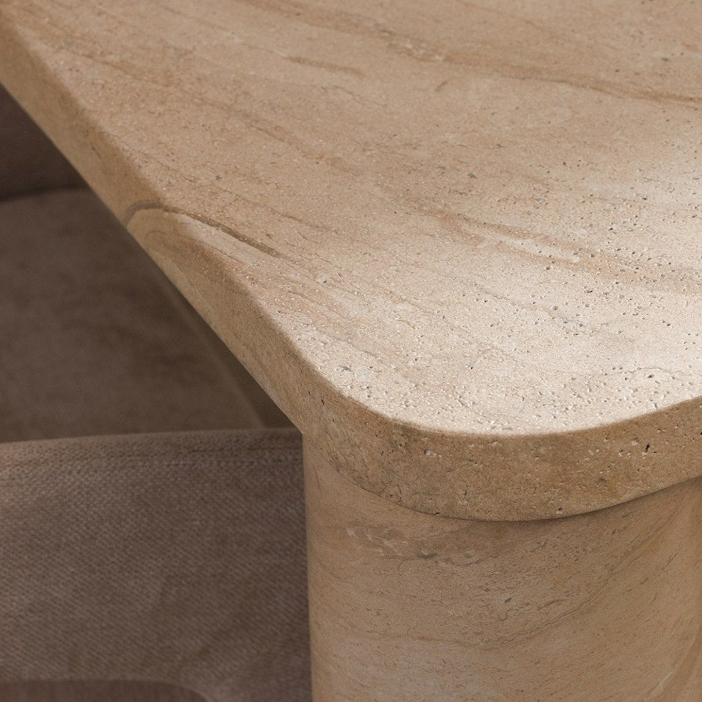 Pieces For Places Ida 150cm rectangular dining table with a beige travertine finish and rounded corner column leg