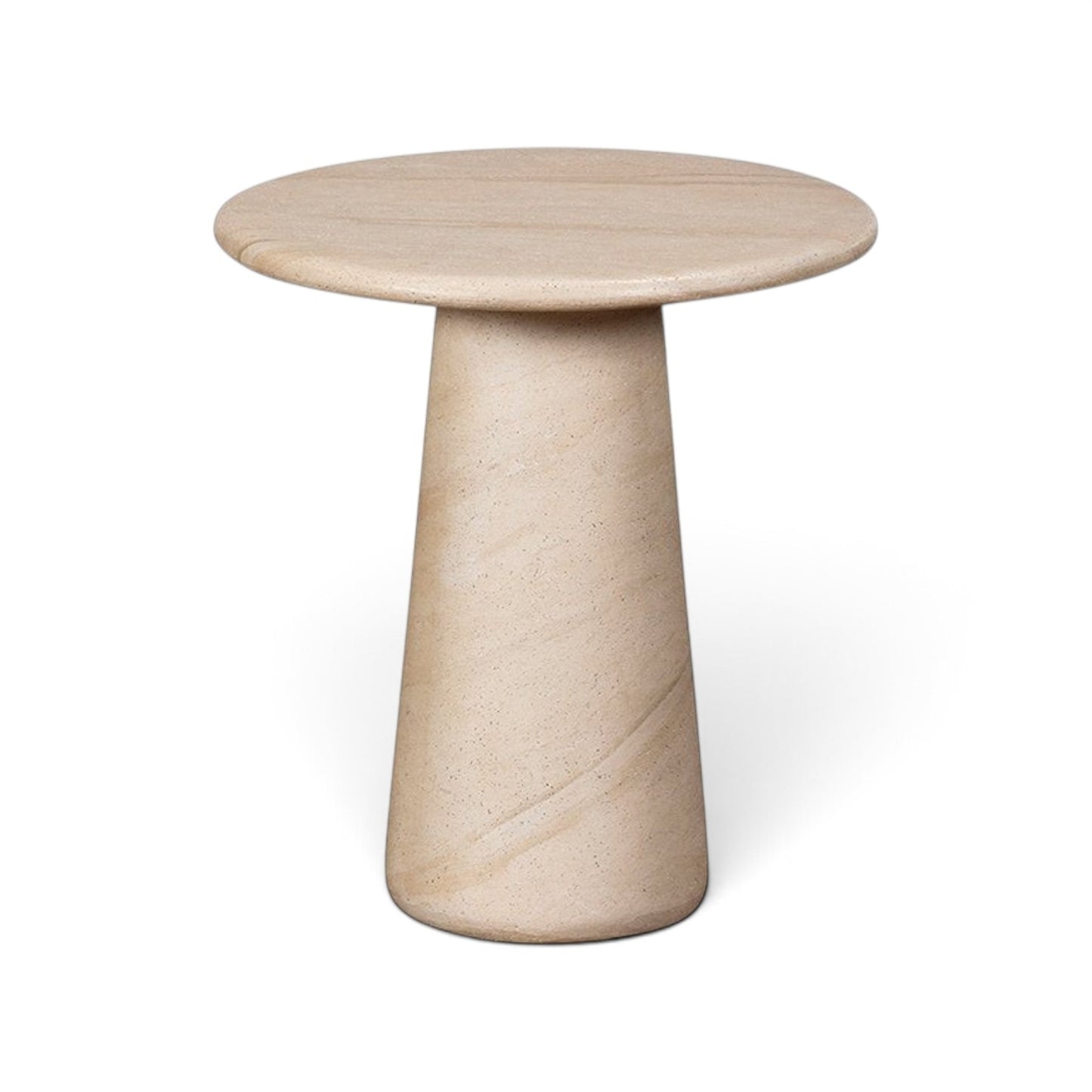 Pieces For Places Ida lamp table with a round top and central column leg in a beige travertine concrete finish.