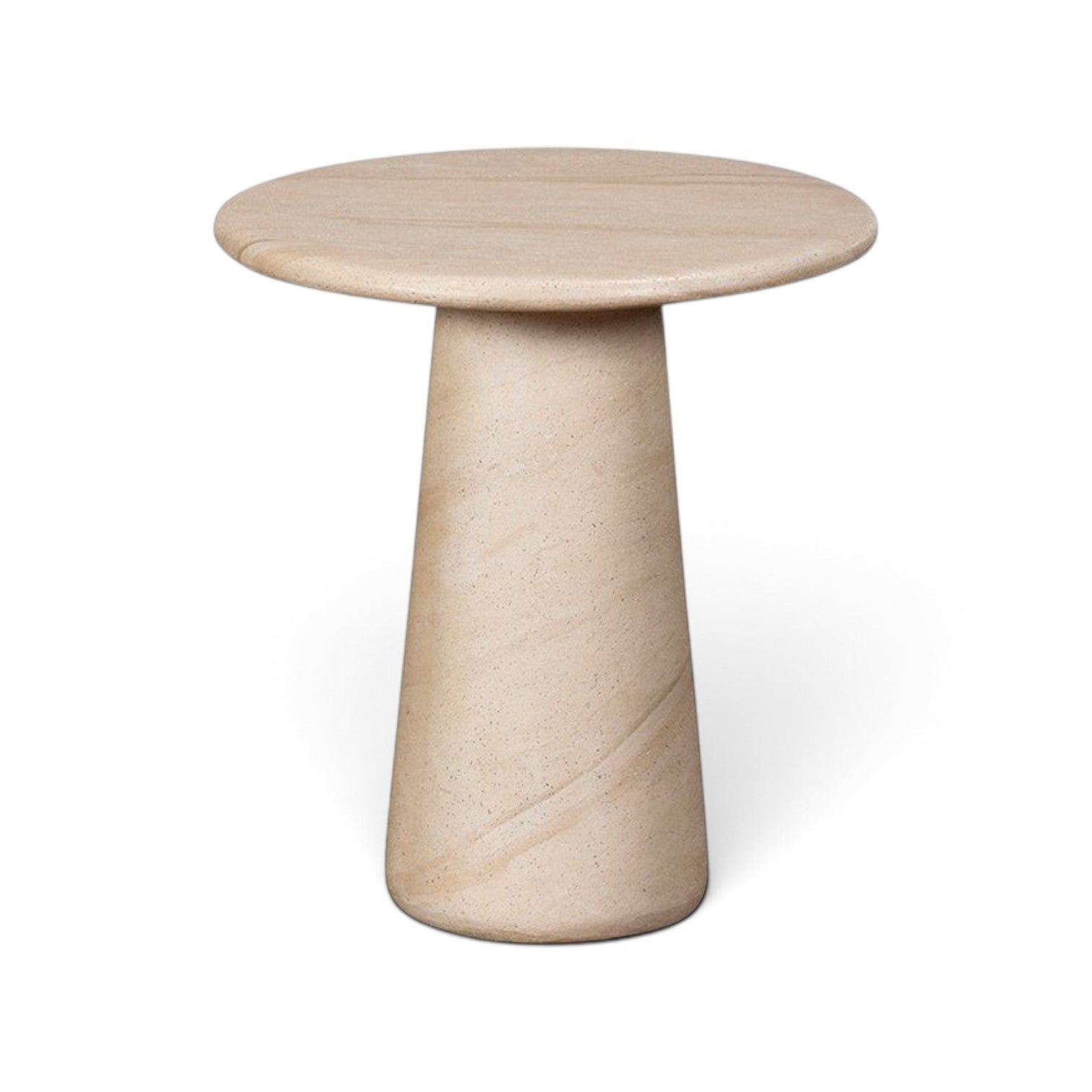 Pieces For Places Ida lamp table with a round top and central column leg in a beige travertine concrete finish.