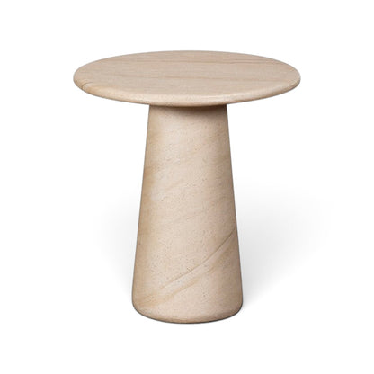 Pieces For Places Ida lamp table with a round top and central column leg in a beige travertine concrete finish.