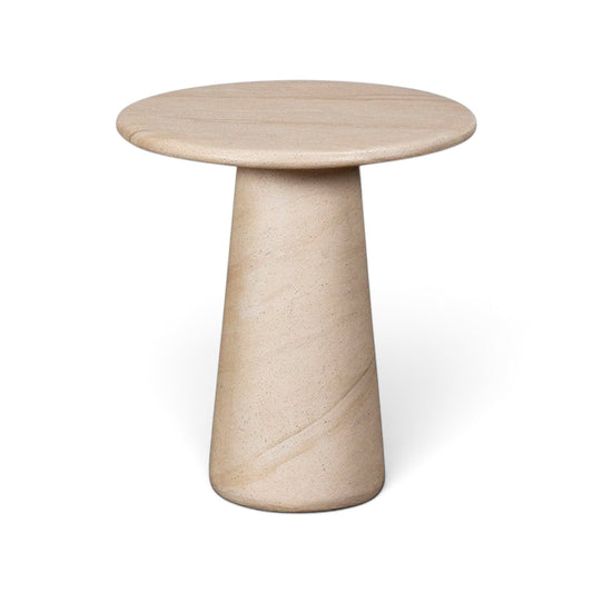 Pieces For Places Ida lamp table with a round top and central column leg in a beige travertine concrete finish.