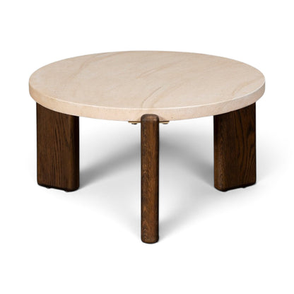 Pieces For Places Ida small round nesting coffee table with a travertine finish concrete top and solid oak legs.