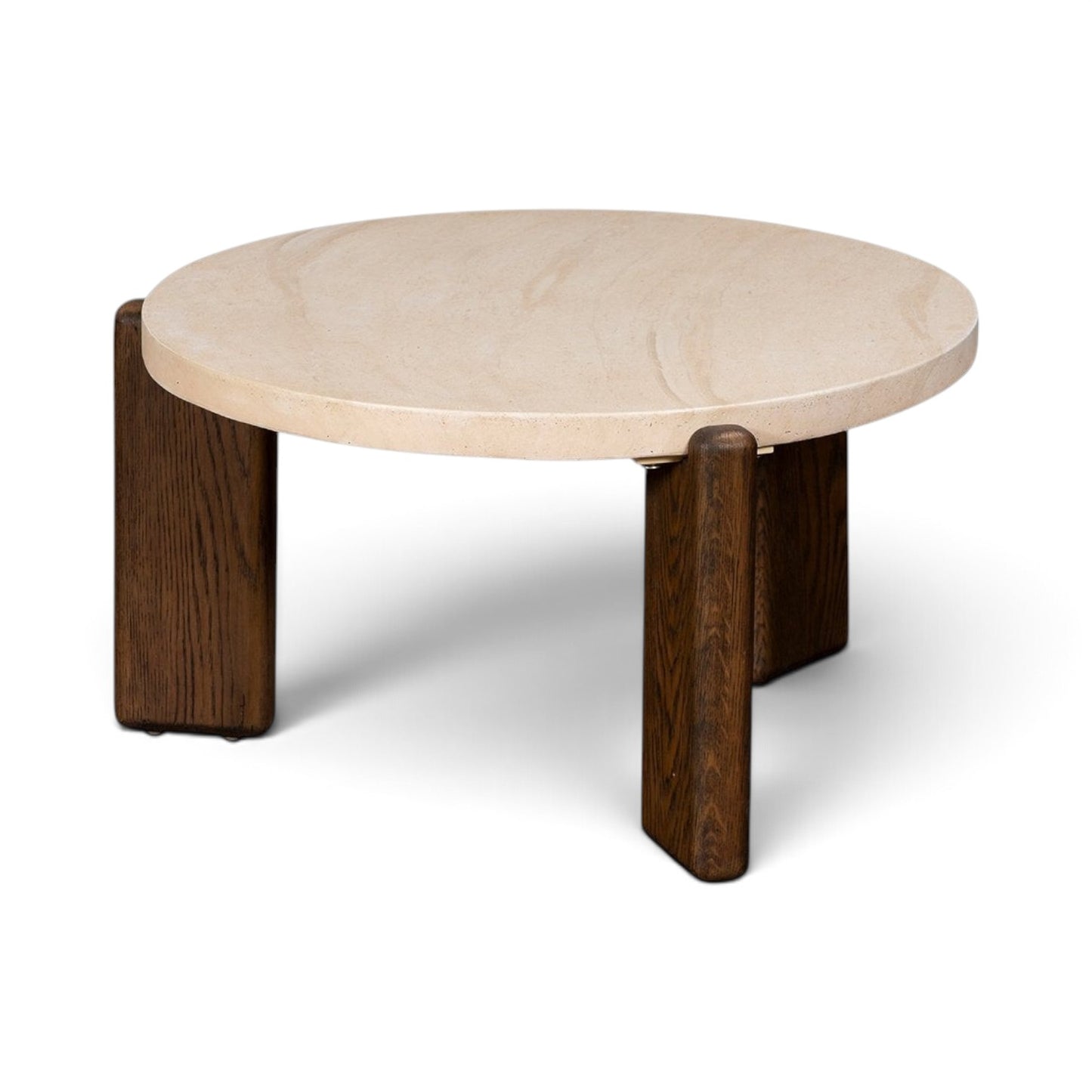 Pieces For Places Ida small round coffee table with a beige travertine finish concrete top and solid oak legs.