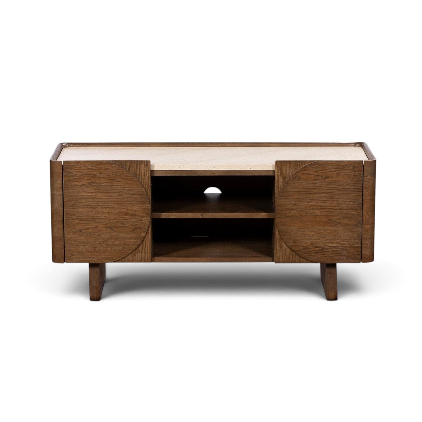 Pieces For Places Ida media unit with walnut finish oak frame, travertine stone top, and circular door detailing.