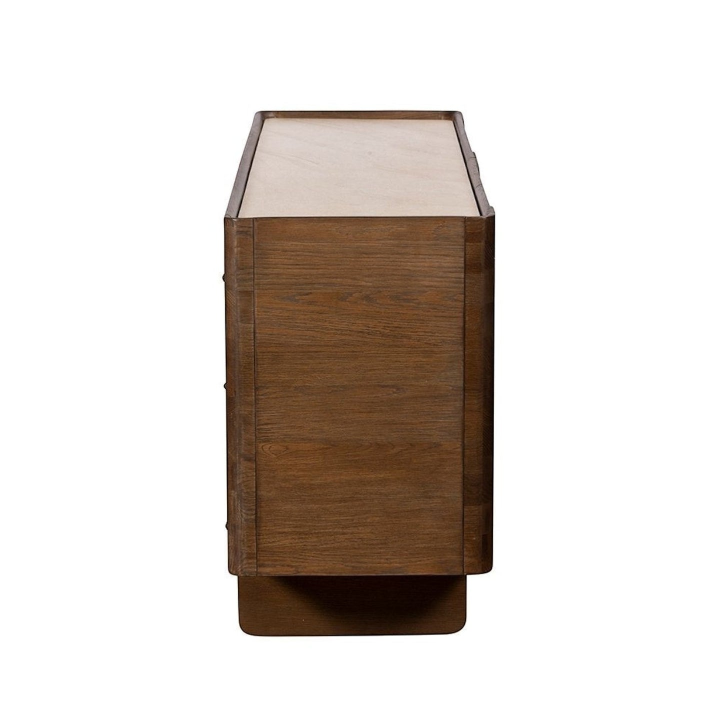 Pieces For Places Ida wide sideboard with walnut finish oak frame and travertine stone top, side profile view.