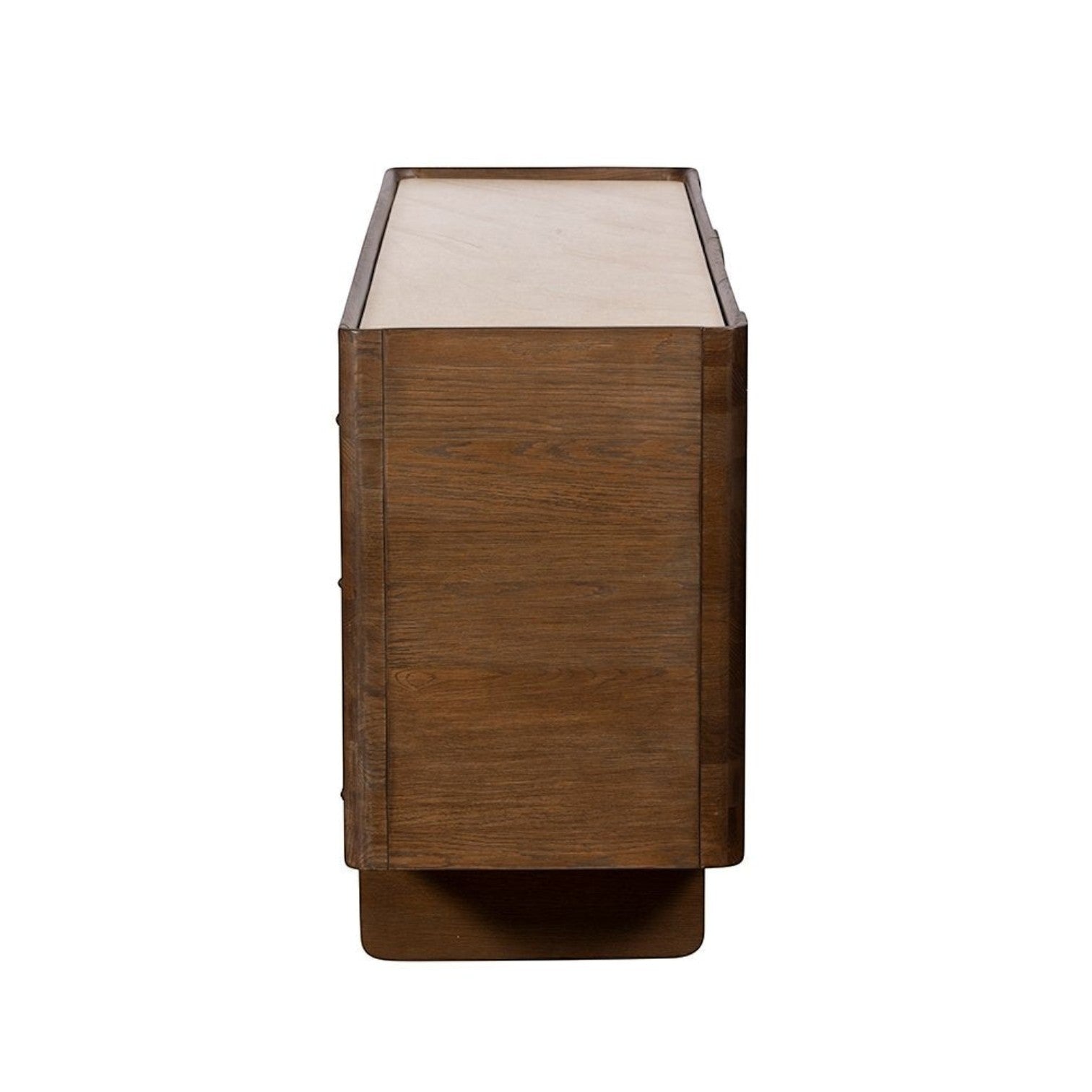 Pieces For Places Ida wide sideboard with walnut finish oak frame and travertine stone top, side profile view.