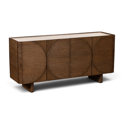 Pieces For Places Ida wide sideboard with walnut finish oak doors and a travertine effect concrete top
