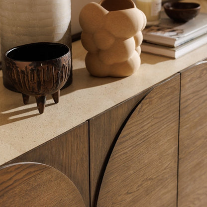 Pieces For Places Ida sideboard with walnut finish oak doors and a travertine effect concrete top surface