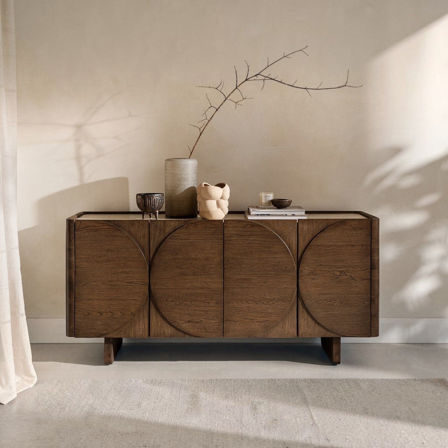 Pieces For Places Ida wide sideboard with walnut finish, solid oak doors, and a travertine-effect concrete top.