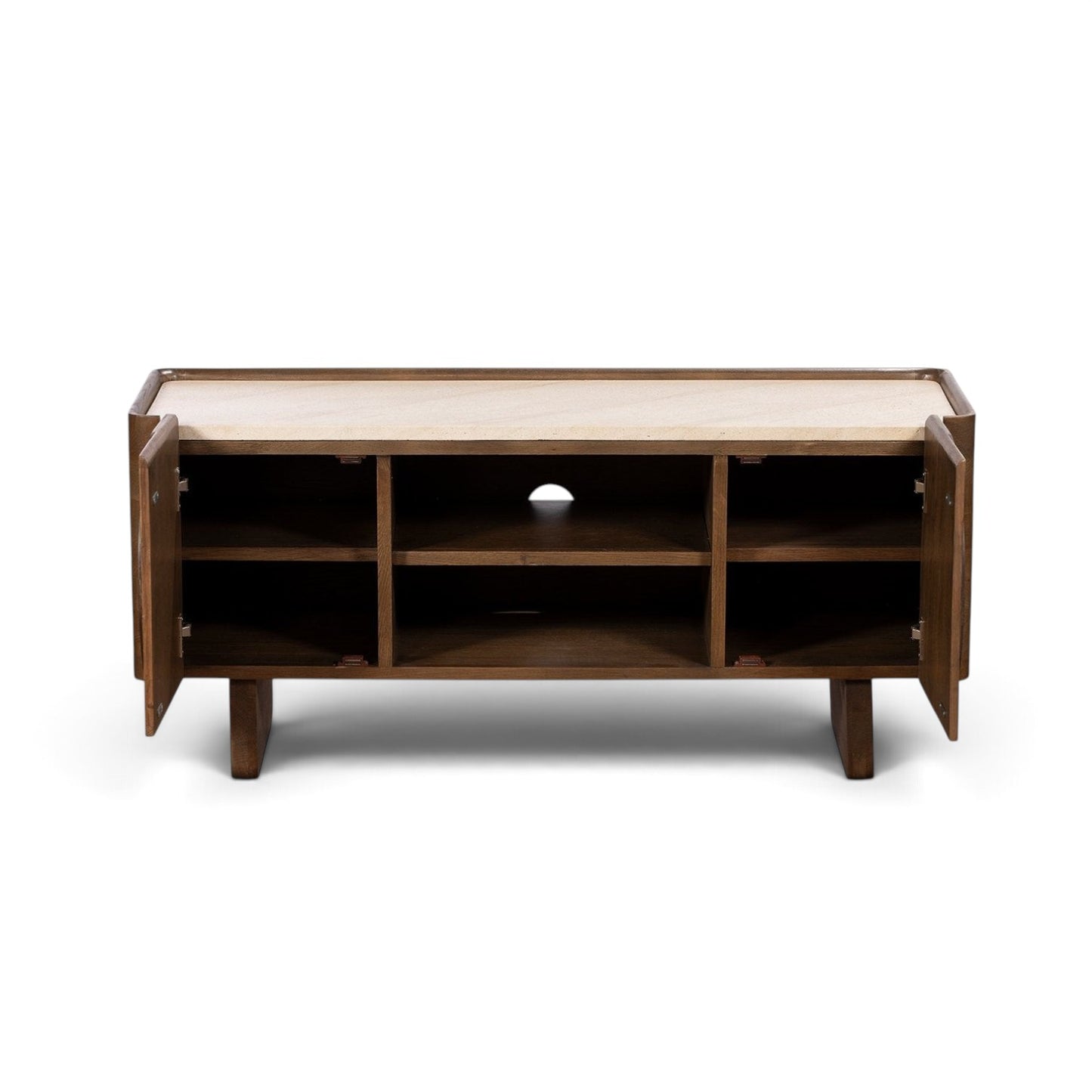 Pieces For Places Ida media unit with walnut finish, travertine stone top, and open cupboard doors.