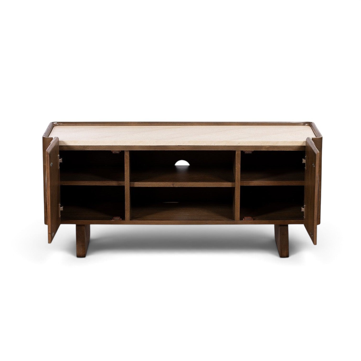 Pieces For Places Ida media unit with walnut finish, travertine stone top, and open cupboard doors.