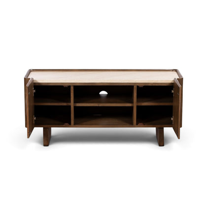 Pieces For Places Ida media unit with walnut finish, travertine stone top, and open cupboard doors.