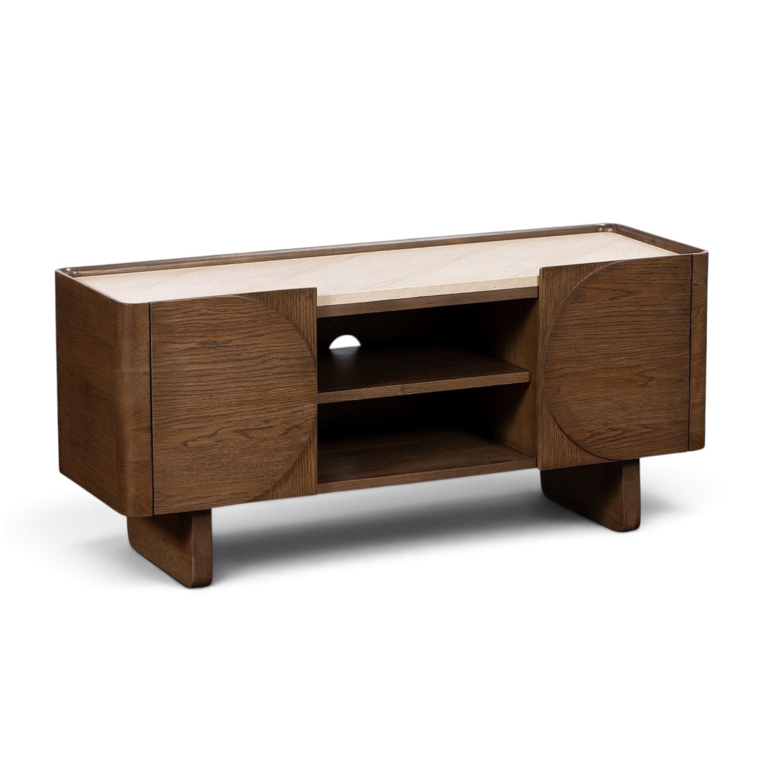 Pieces For Places Ida media unit in walnut finish with a travertine stone top and two circular detail cupboard doors.