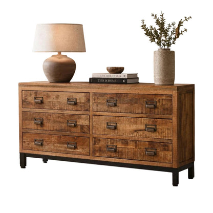 Industrial 6 Drawer Mango Wood Apothecary Wide Chest