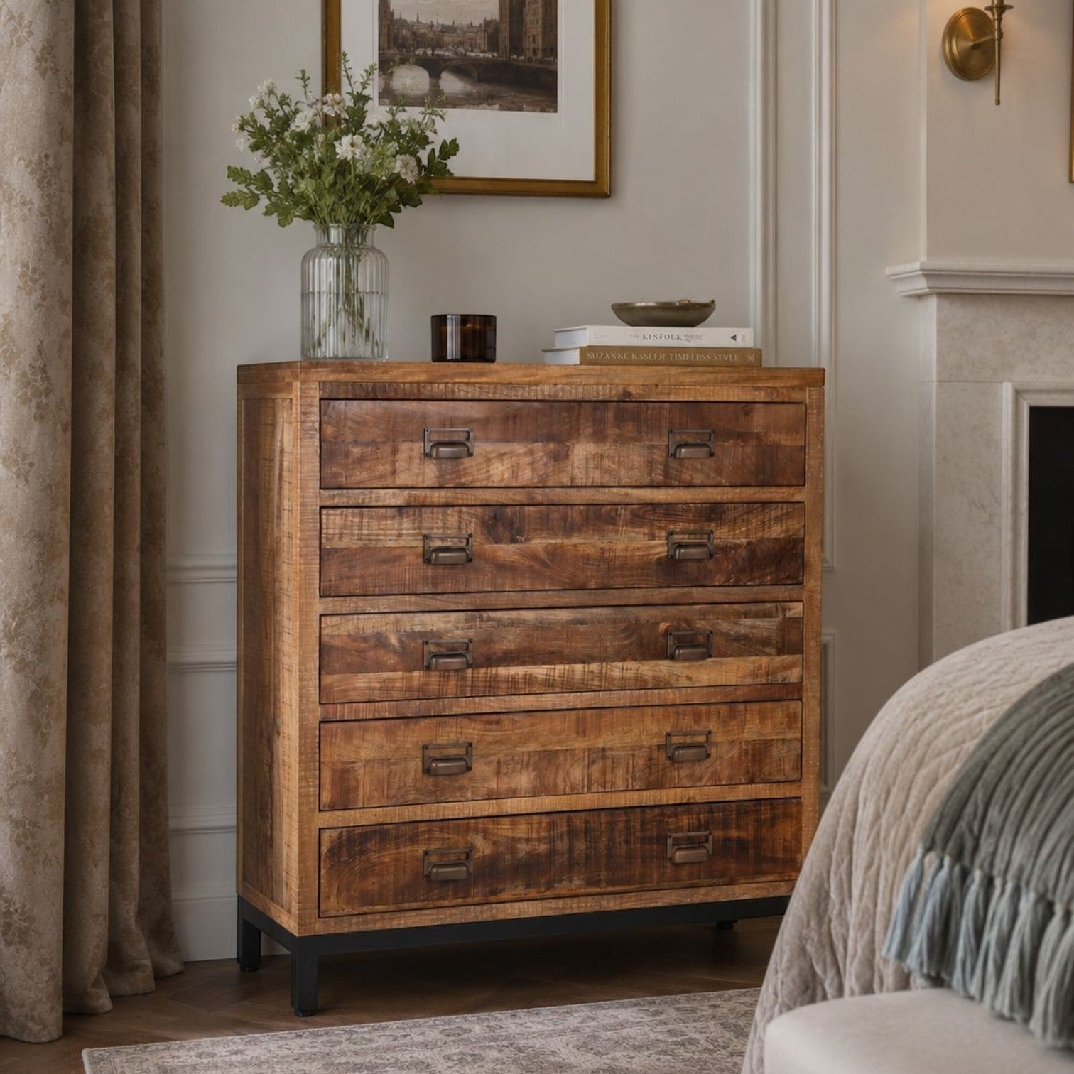 Pieces For Places industrial 5 drawer apothecary chest in solid mango wood with black metal base and cup handles
