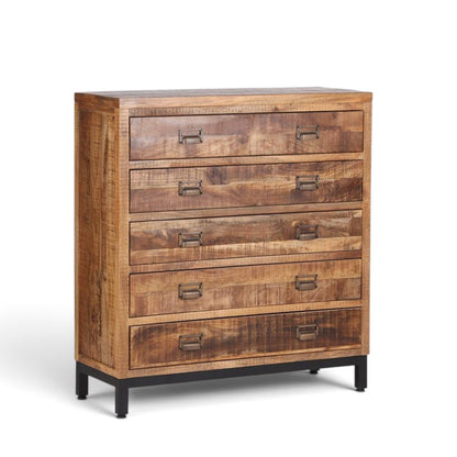 Pieces For Places industrial 5-drawer apothecary chest in solid mango wood with black metal base and cup handles.