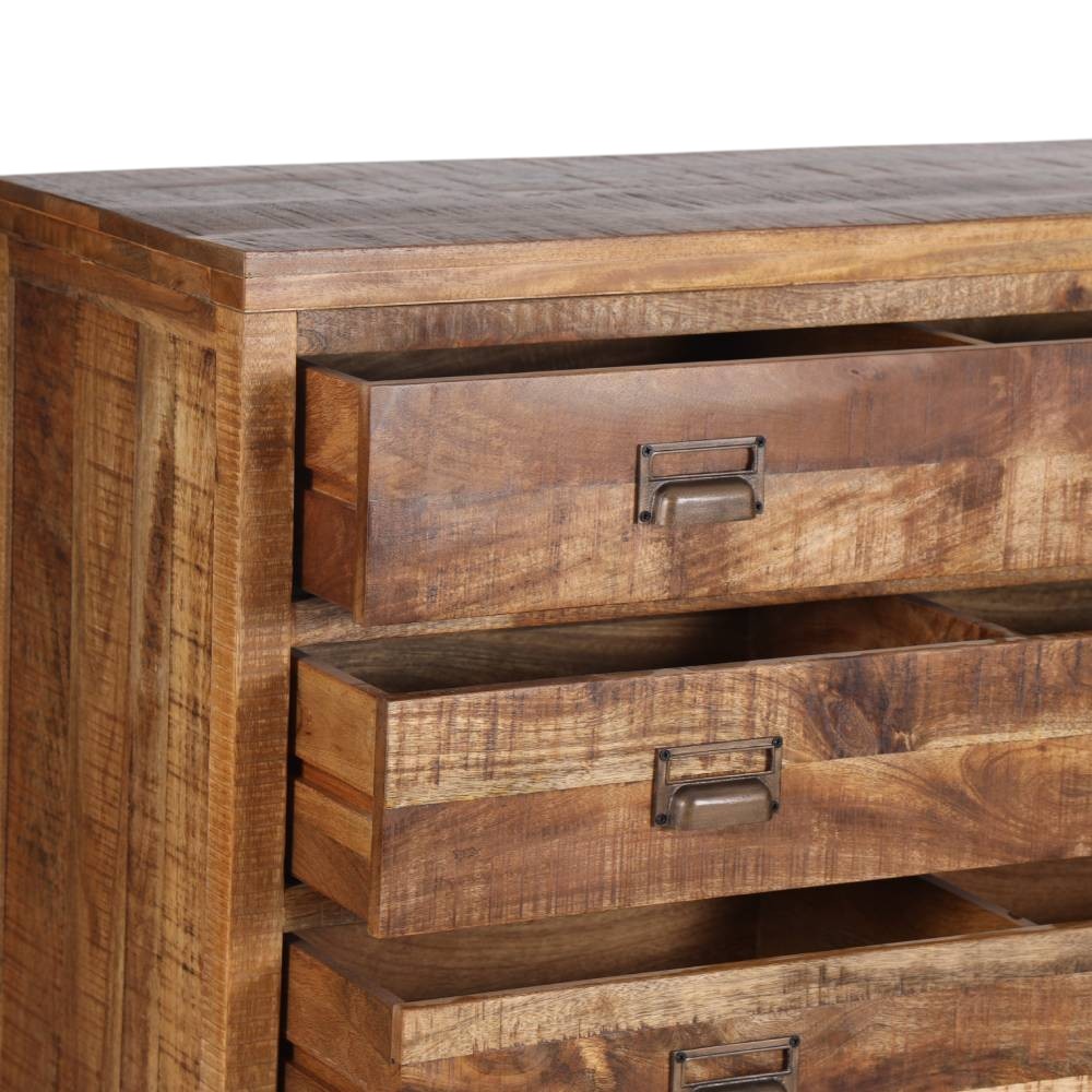 Pieces For Places industrial apothecary chest in solid mango wood with open drawers and rustic metal cup handles.