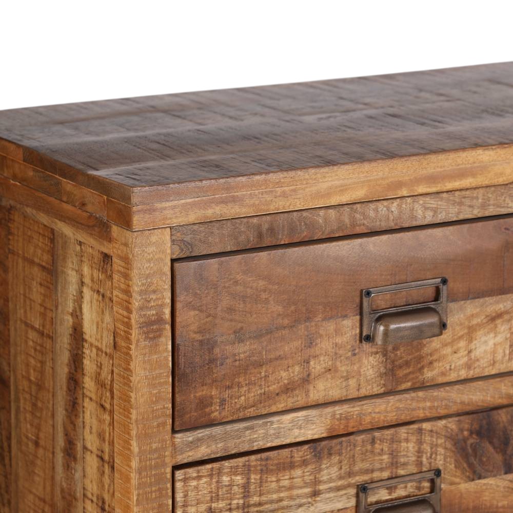 Pieces For Places industrial mango wood apothecary chest with five drawers, rustic wood grain, and metal cup handles.