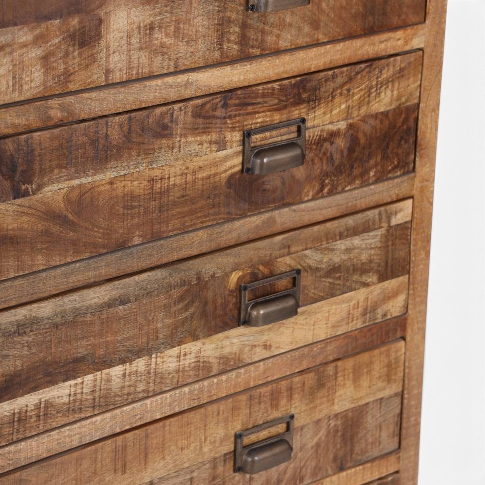 Pieces For Places industrial apothecary chest in solid mango wood with five drawers and rustic metal cup handles.