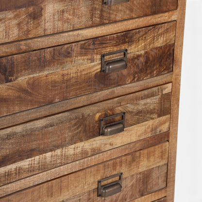 Pieces For Places industrial apothecary chest in solid mango wood with five drawers and rustic metal cup handles.