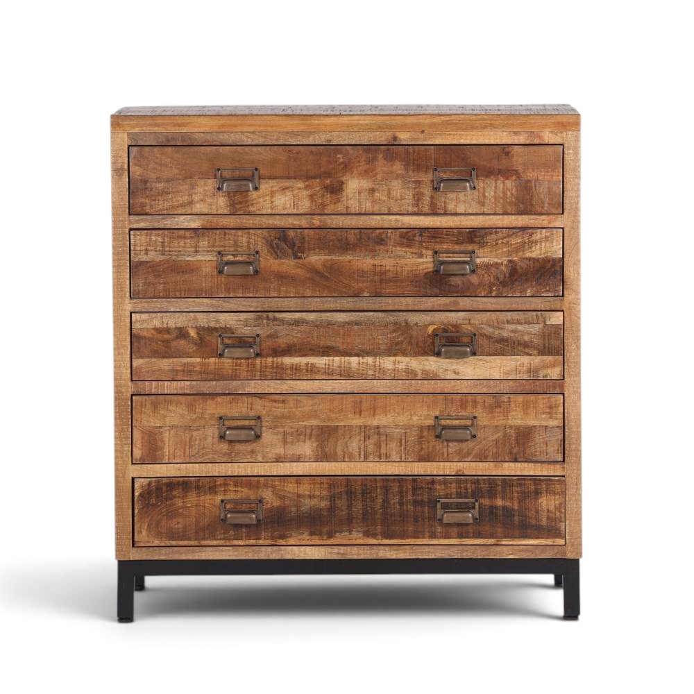 Pieces For Places industrial 5-drawer apothecary chest in solid mango wood with black metal base and cup handles.